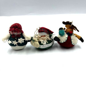 Primitive Round Plush Santa Claus Snowman Reindeer Christmas Ornaments Lot 3